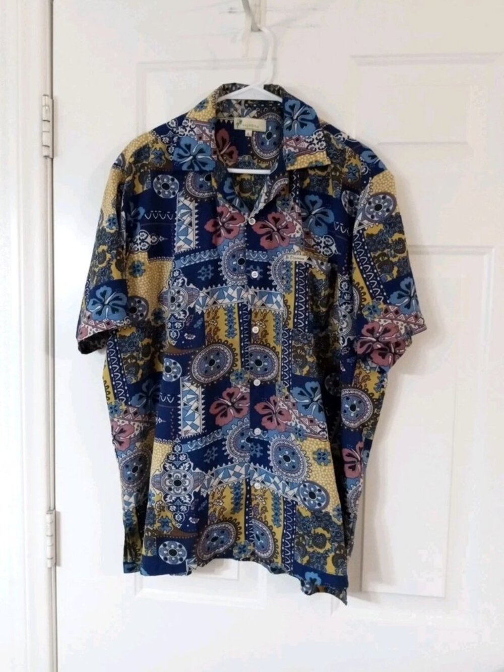 Vtg Palmera Men's Large Navy Blue Tribal Hawaiian Camp Shirt 100% Polyester